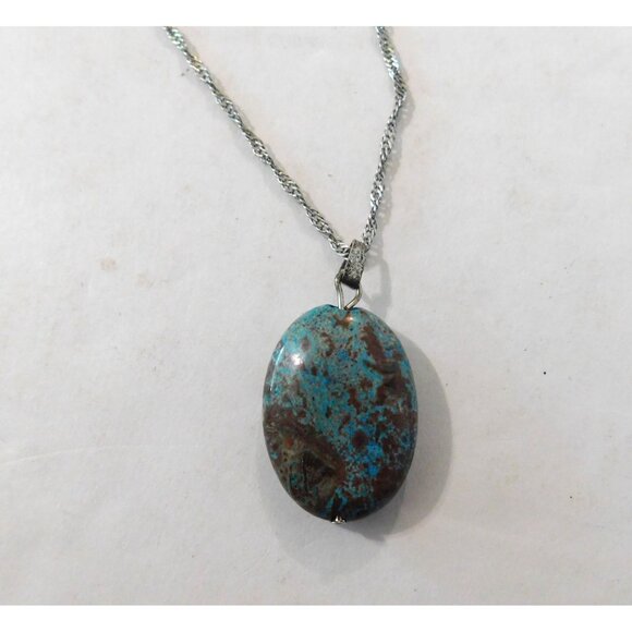 Turquoise Brown Stone Necklace Fishhook Pierced Earrings 20" Silver Tone Chain - Picture 4 of 12